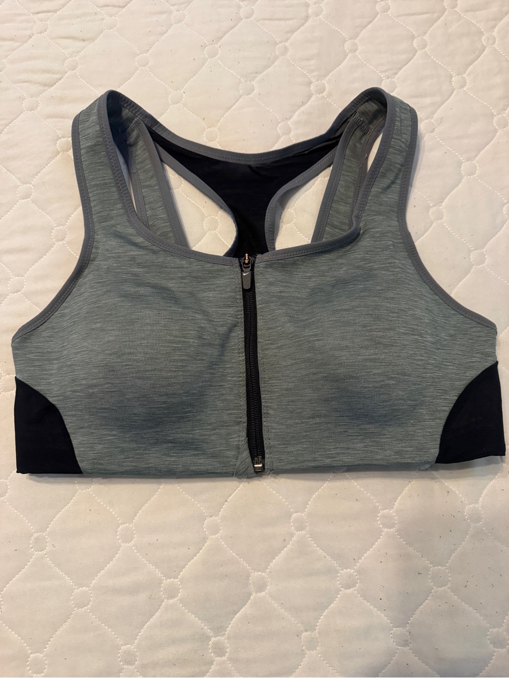 Nike Heather Gray Front-Zip Racerback Sports Bra with Black Trim